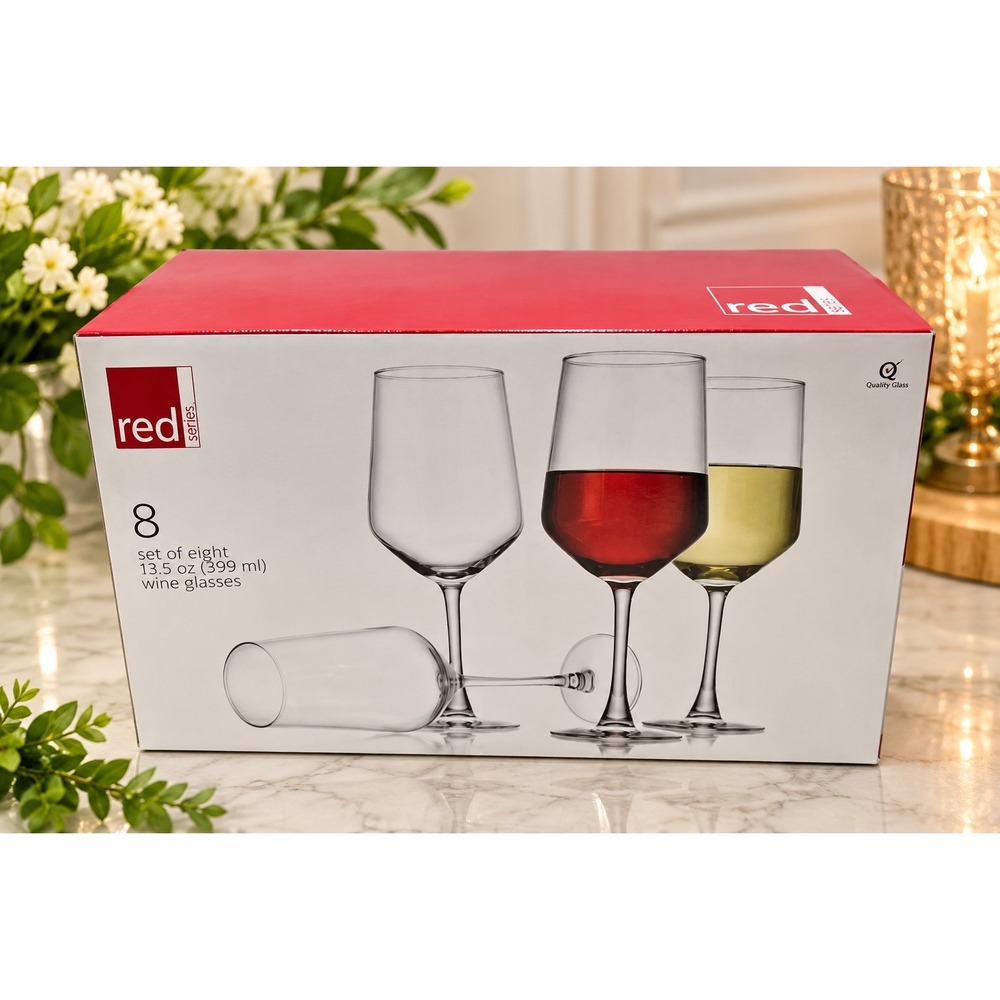 Red Series Wine Glasses Set of 8 13.5 oz Clear Stemware Modern Barware NIB